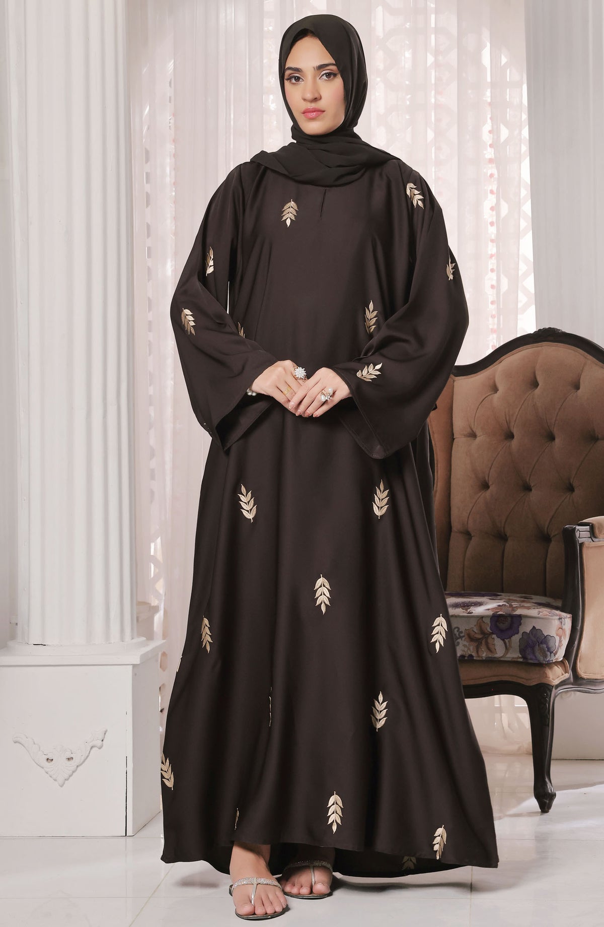 TGM Nazr e Haya Casual Women Abaya Front Closed Luxe Nidha - Brown - Zohra