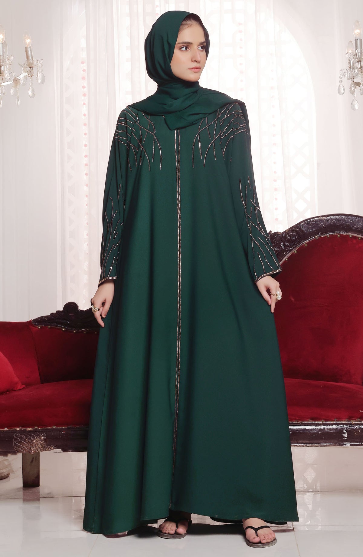 TGM Nazr e Haya Casual Women Abaya Front Open Luxe Nidha - Green - Sajida