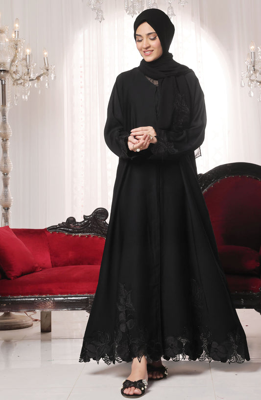 TGM Nazr e Haya Casual Women Abaya Front Open Luxe Nidha - Black - Saboor