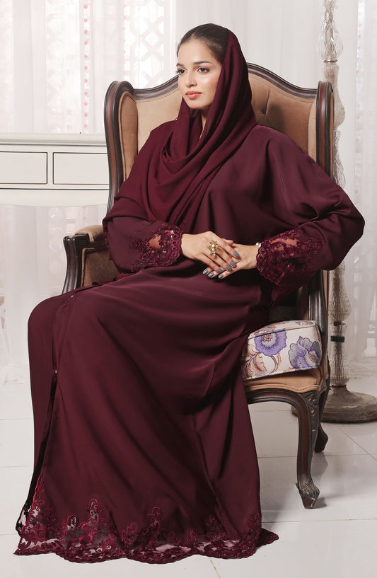 TGM Nazr e Haya Casual Women Abaya Front Closed Luxe Nidha - Maroon - Neelam