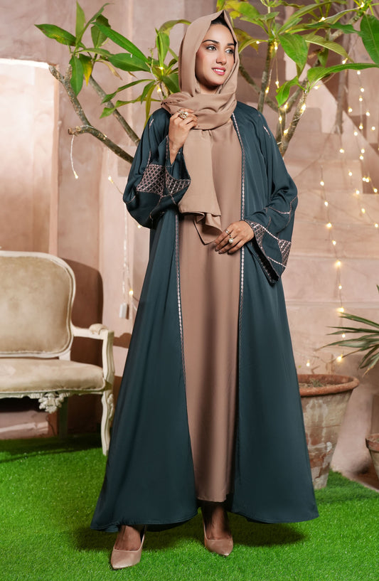TGM Nazr e Haya Casual Women Abaya Coat Style Luxe Nidha - Teal and Beige - Nazli