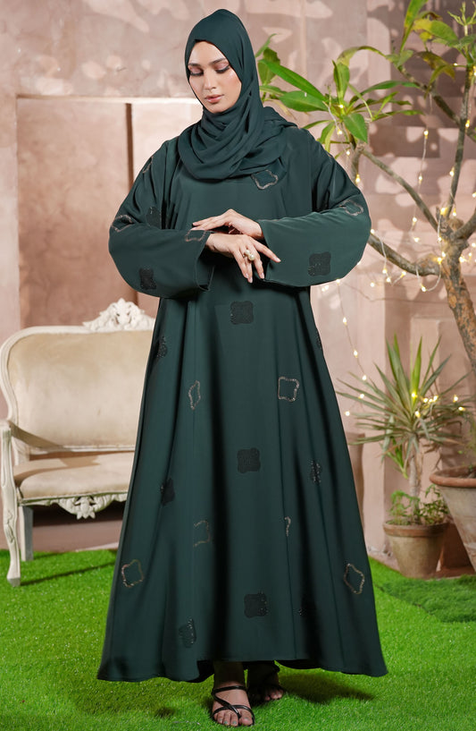TGM Nazr e Haya Casual Women Abaya Front Open Luxe Nidha - Green - Muneeza Green