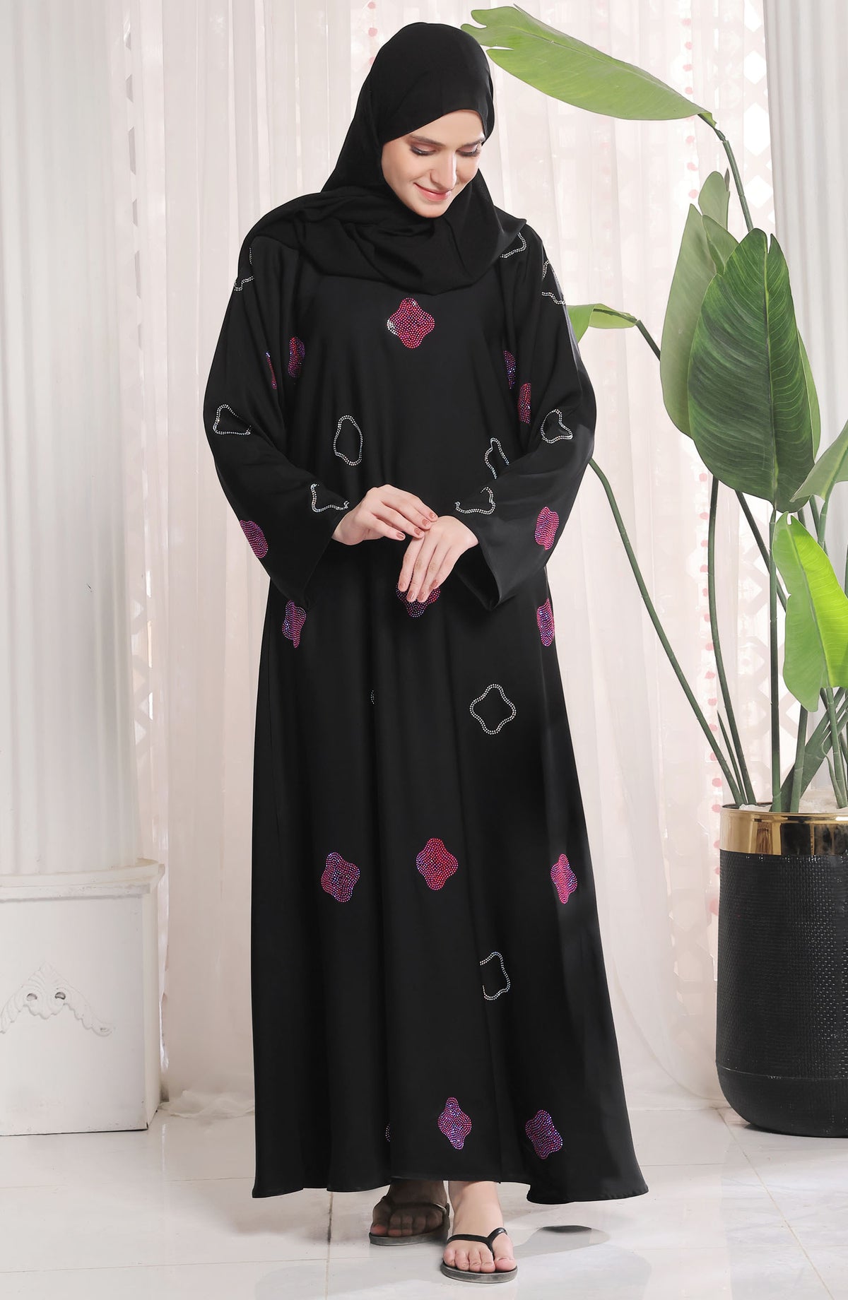 TGM Nazr e Haya Casual Women Abaya Front Open Luxe Nidha - Black - Muneeza