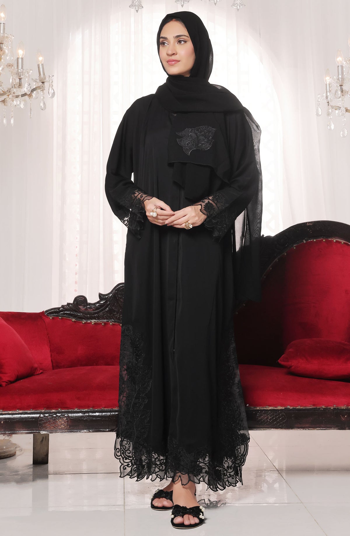TGM Nazr e Haya Casual Women Abaya Front Open Luxe Nidha - Black - Mayal