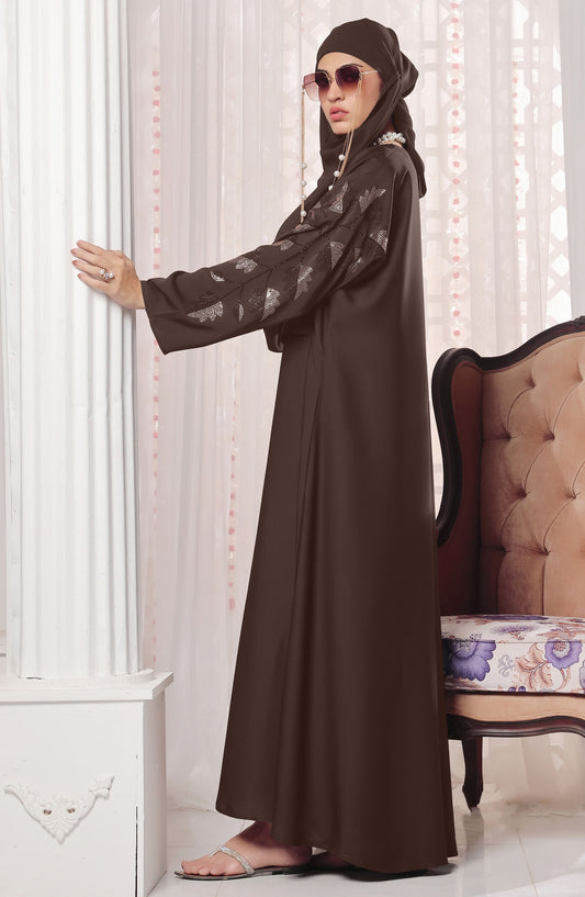 TGM Nazr e Haya Casual Women Abaya Front Open Luxe Nidha - Brown - Brown Leaf