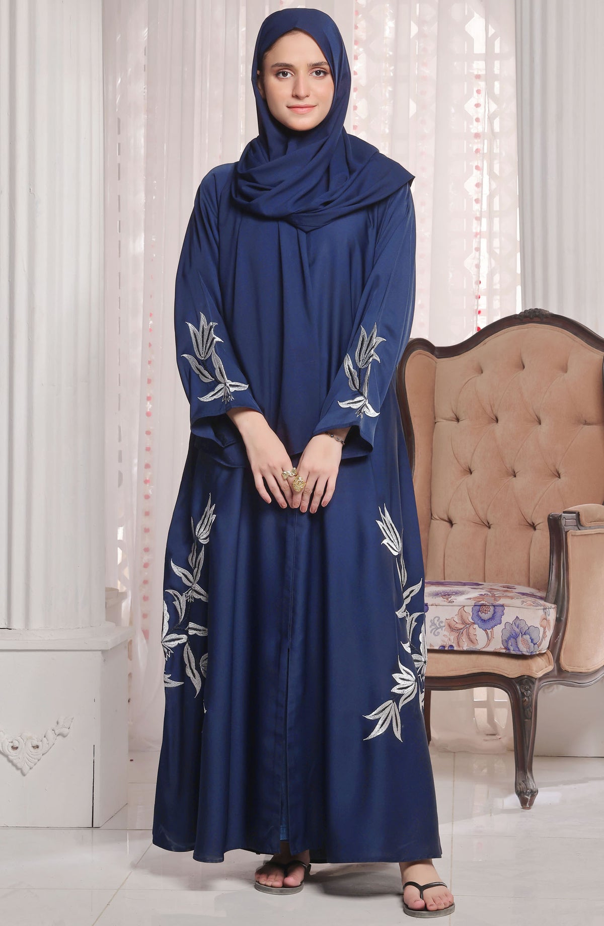 TGM Nazr e Haya Casual Women Abaya Front Open Luxe Nidha - Blue - Blue Essence