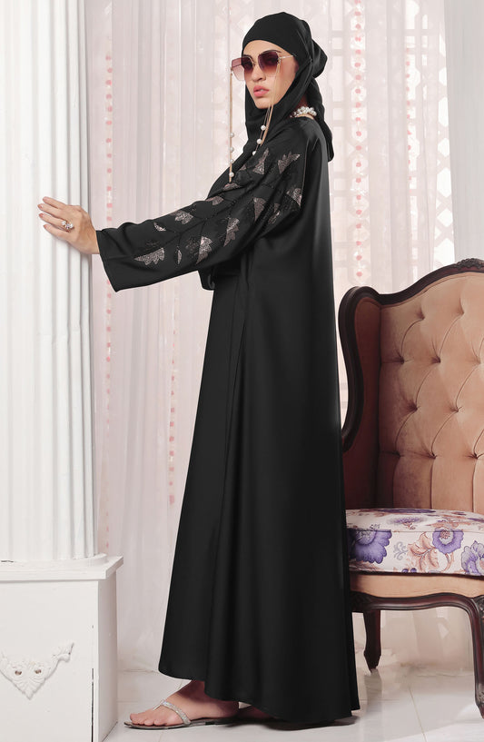 TGM Nazr e Haya Casual Women Abaya Front Open Luxe Nidha - Black - Black Leaf