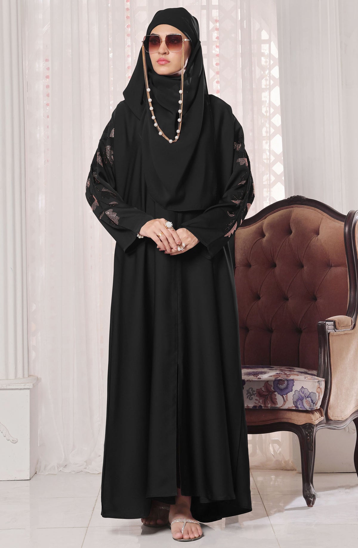 TGM Nazr e Haya Casual Women Abaya Front Open Luxe Nidha - Black - Black Leaf