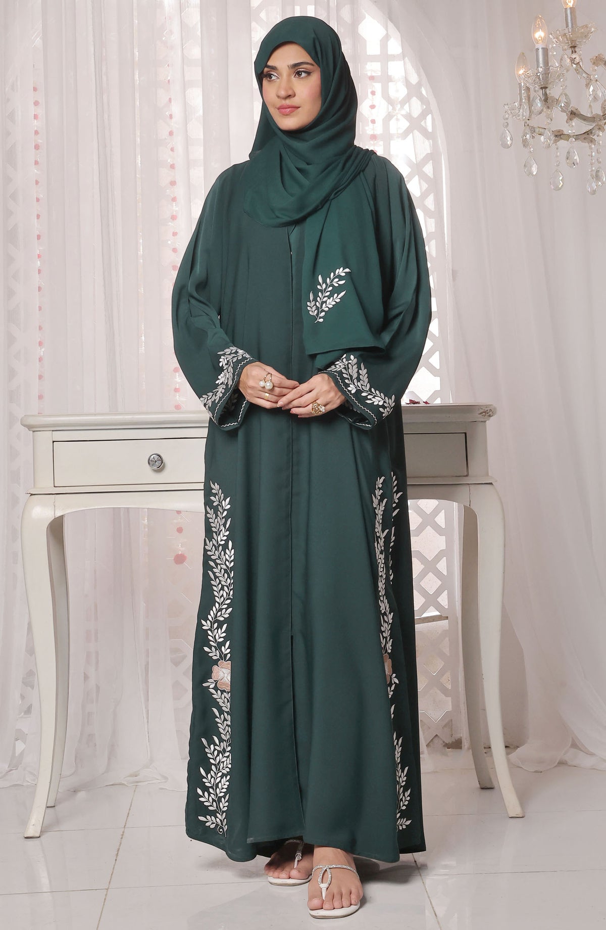 TGM Nazr e Haya Casual Women Abaya Front Open Luxe Nidha - Green - Ahlam