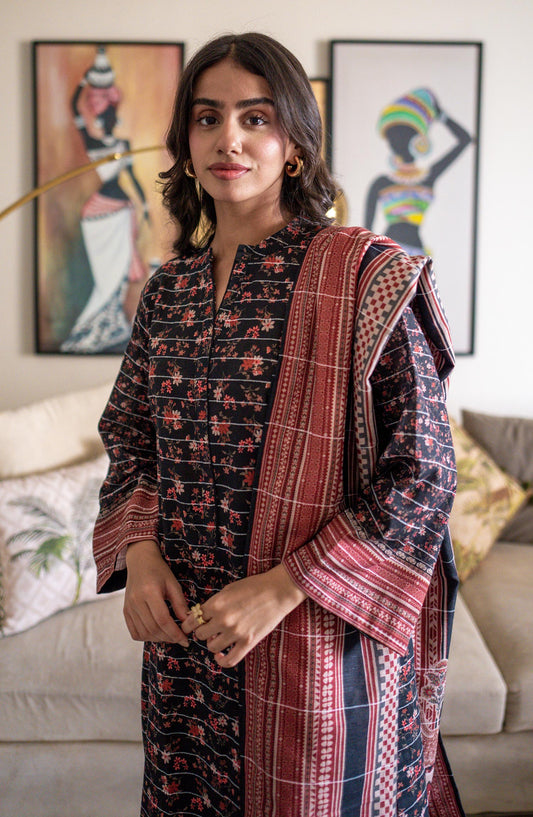 La Rosaa Printed Khaddar Stitched 3 Piece - Tia - Blue - Casual Collection