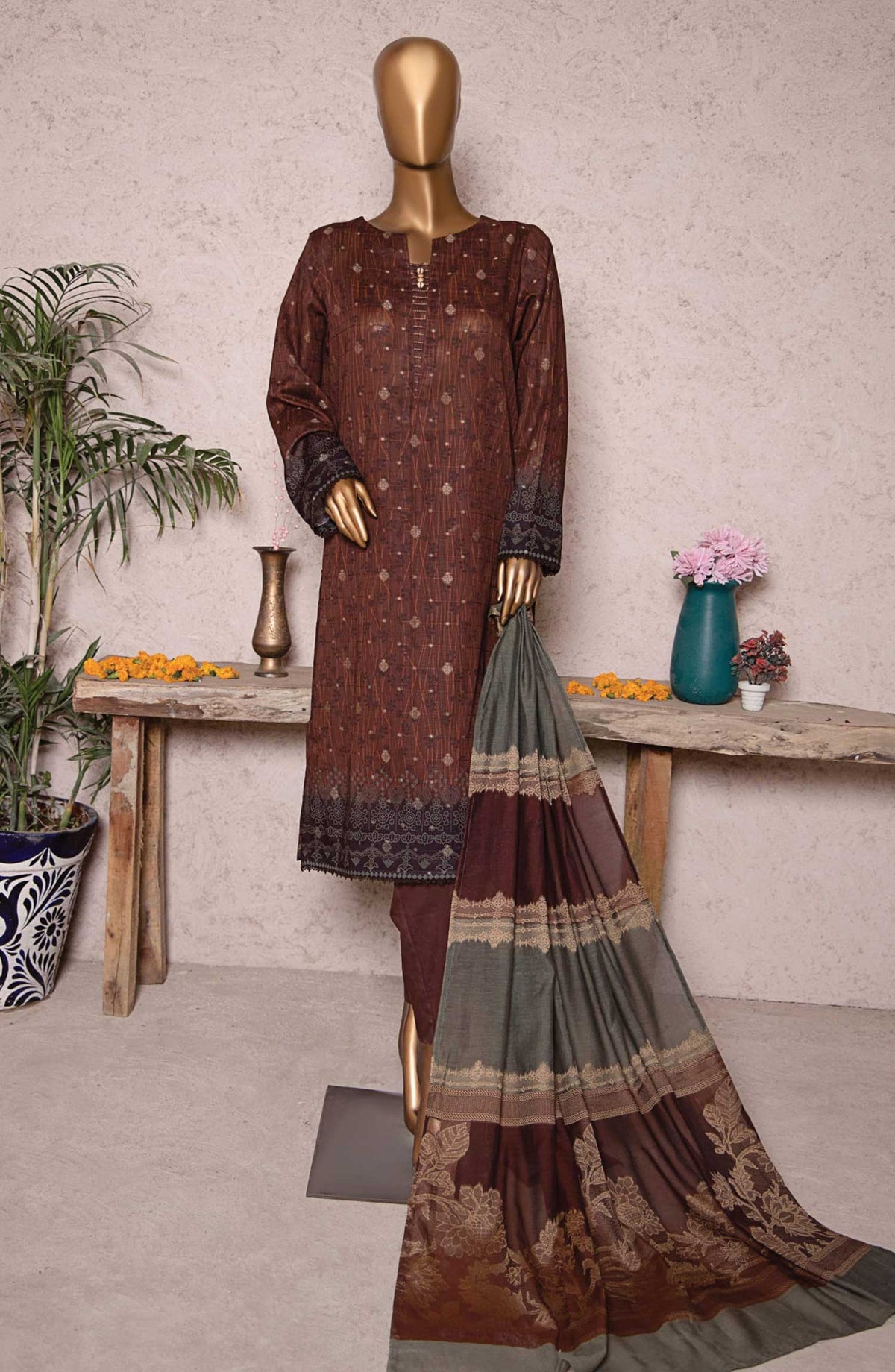 HZ Textile Printed Jacquard Unstitched 3 Piece - TJS-1202 - HZ25TJ - Dark Brown - Winter Collection