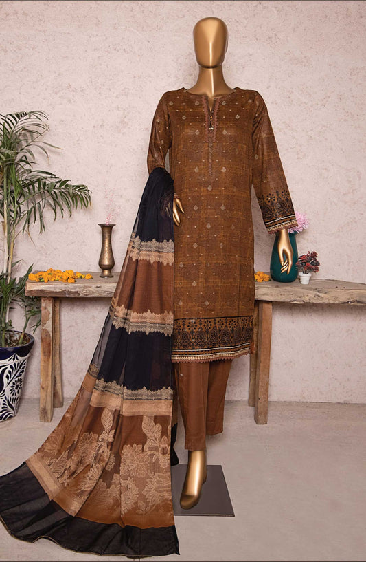 HZ Textile Printed Jacquard Unstitched 3 Piece - TJS-1204 - HZ25TJ - Rust Brown - Winter Collection