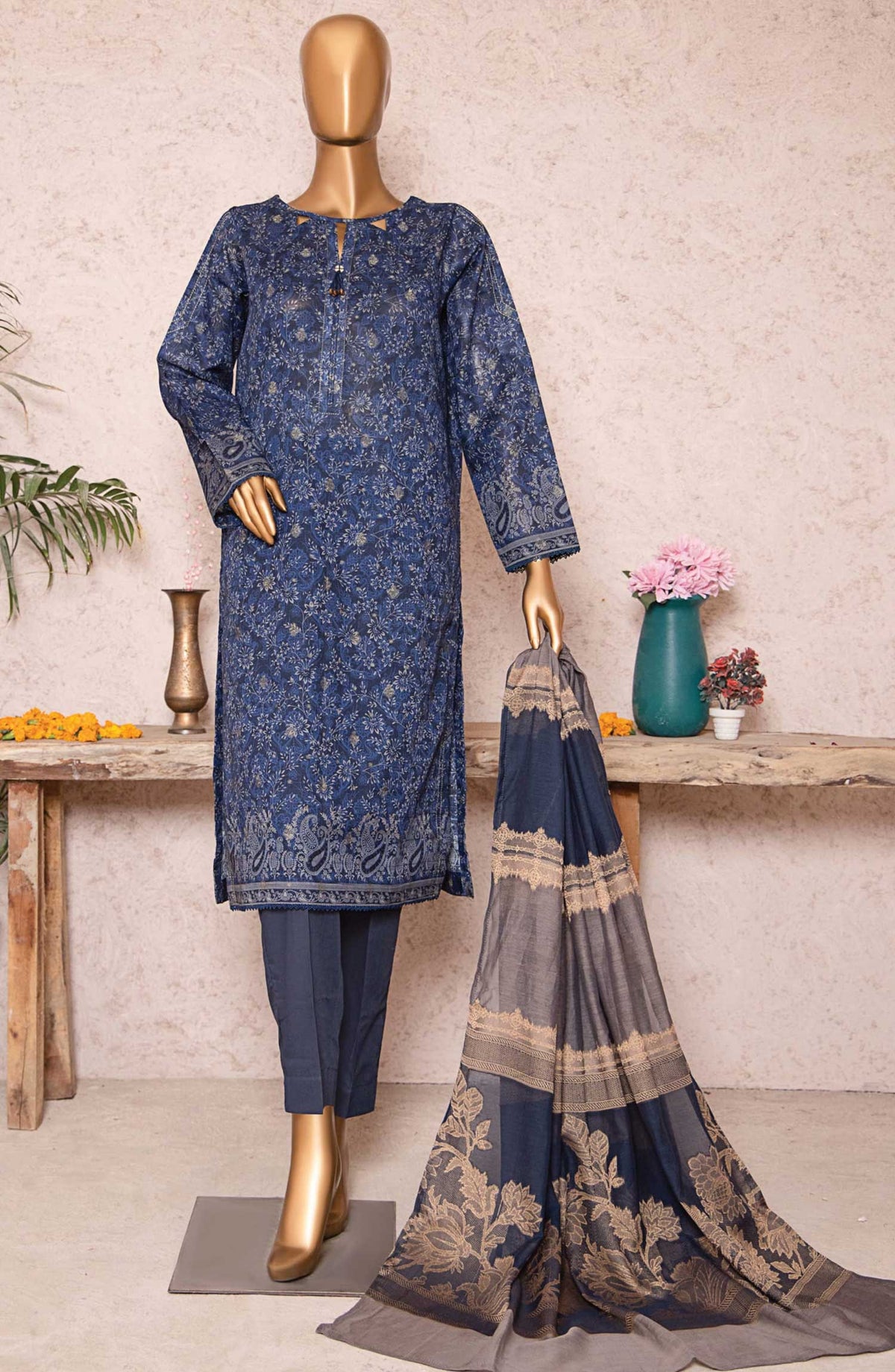 HZ Textile Printed Jacquard Unstitched 3 Piece - TJS-1207 - HZ25TJ - Blue - Winter Collection