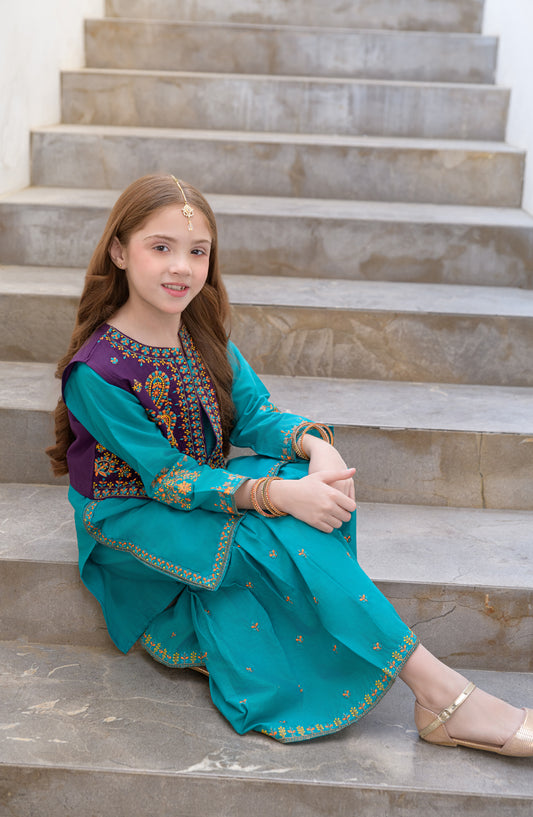 Fresh Birds Embroidered Cotton Lawn Stitched 3 Piece Suit - Ujala - FBR26FS - Teal - Festive Girls Collection