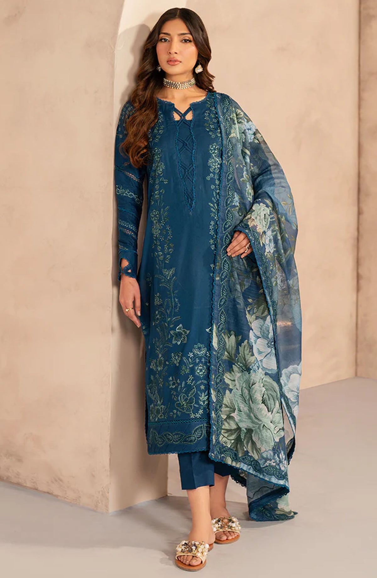 Zarif Embroidered Lawn Unstitched 3 Piece Suit - UNST-LWN-03 MEHMER - ZF25CL - Blue - Summer Collection