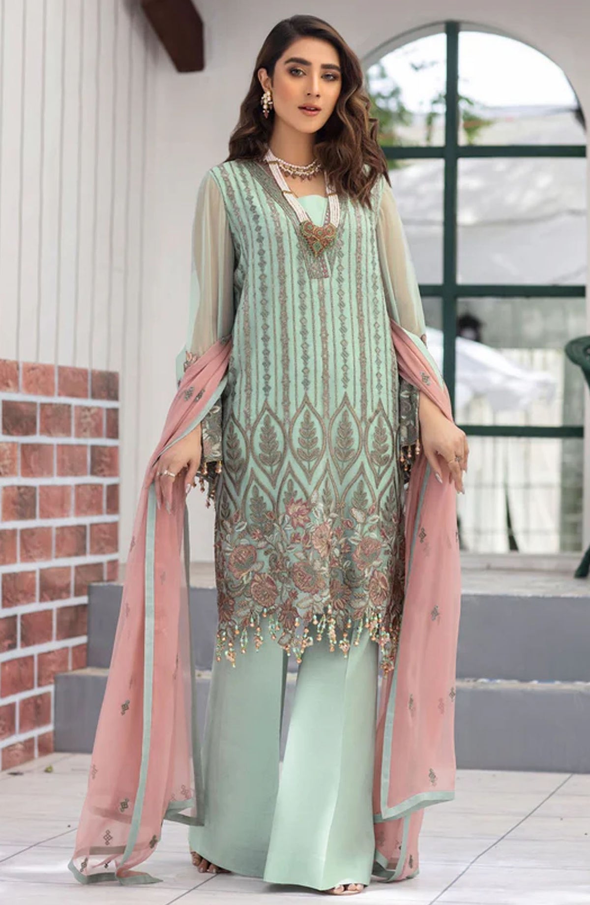 Flossie Embroidered Chiffon Unstitched 3 Piece - EA25C - K-910 Fair Aqua - Blue - Formal Collection
