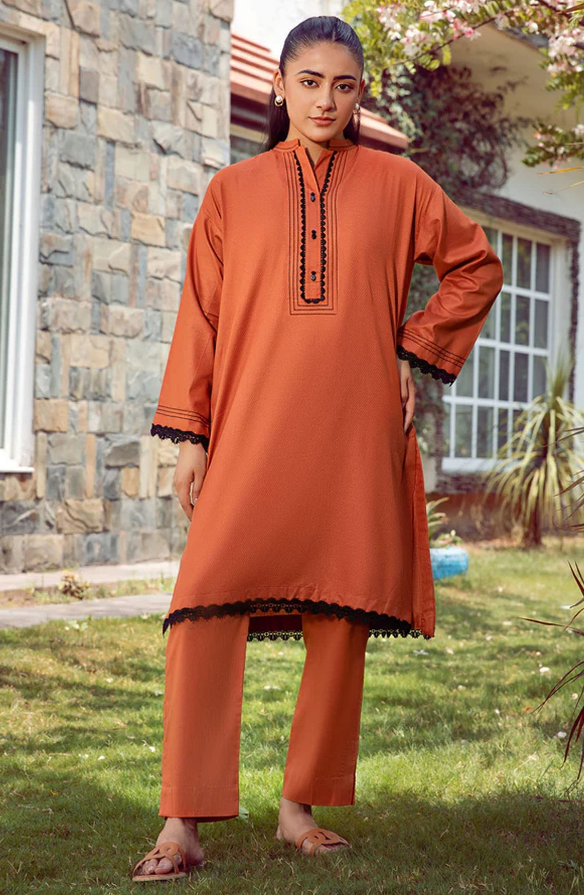 La Rosaa Solid cotton lawn Stitched 2 Piece - Lea - Rust - Casual Collection