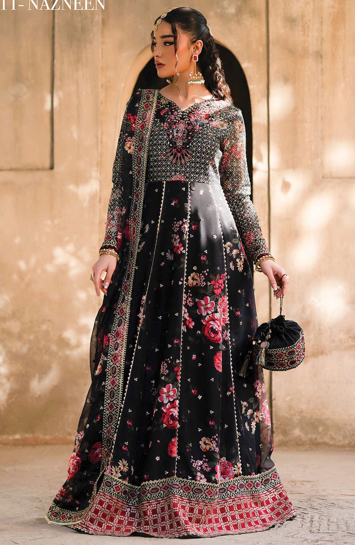Rumi by Xenia Embroidered Chiffon Unstitched 3 Piece Suit - D-11 Nazneen - XF25RF - Black - Wedding Collection