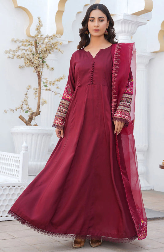 Threads N Weaves Embroidered Viscose Stitched 3 Piece Suit - RTWV24109S - TNW25PV - Red - Winter Collection