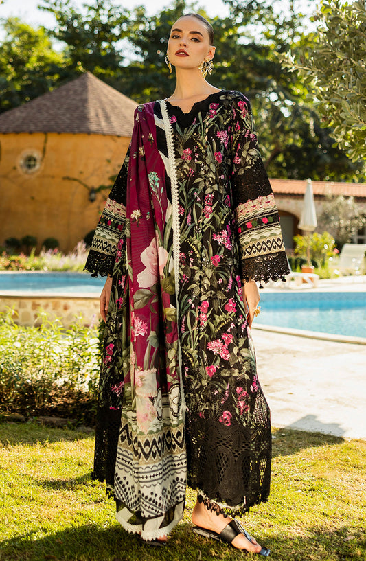Elaf Chikankari Lawn Unstitched 3 Piece Suit - E L K - 0 8 A Vista - EL25PC - Black - Summer Collection