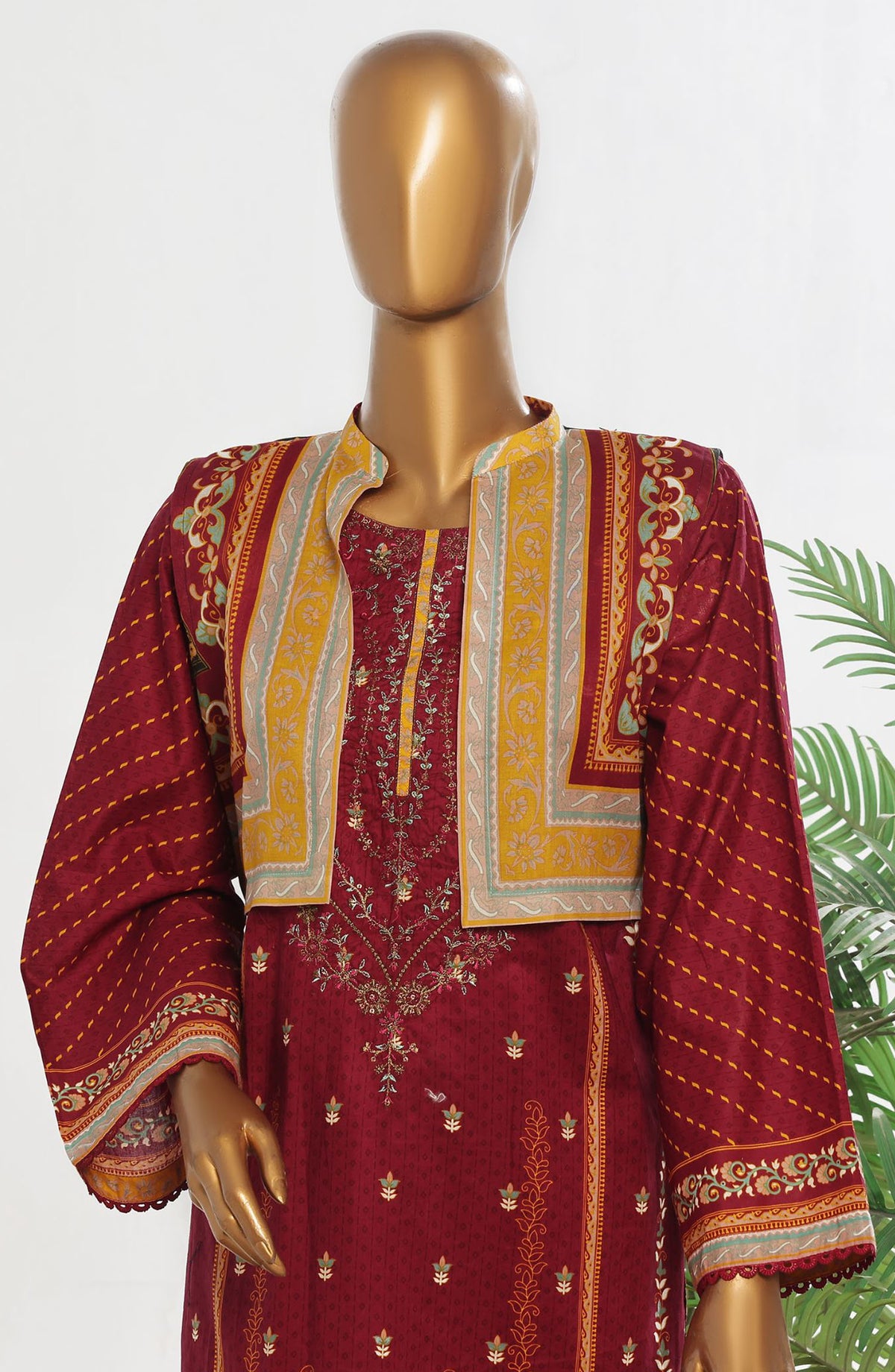 Bin Saeed Embroidered Lawn Stitched 3 Piece Suit - D-05 - BS25ECL - Maroon - Summer Collection