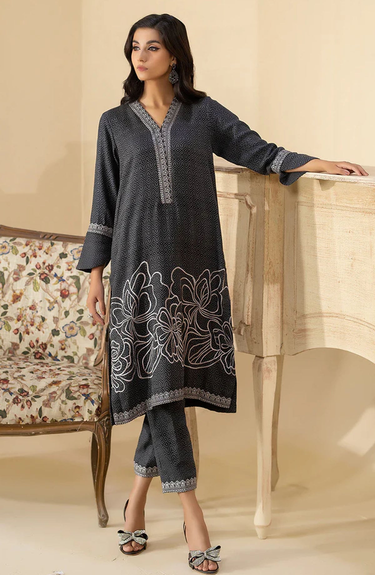 La Rosaa Embroidered Khaddar Stitched 2 Piece Suit - LW2-10 Black Grey Stripes - LRS25BSP - Grey - Casual Collection