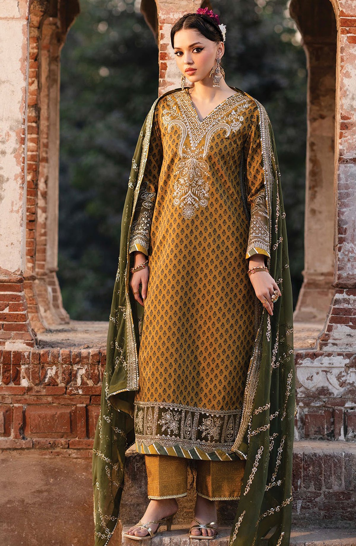 Rumi by Xenia Embroidered Rawsilk Unstitched 3 Piece Suit - D-10 Malika-B - XF25RF - Mustard - Wedding Collection