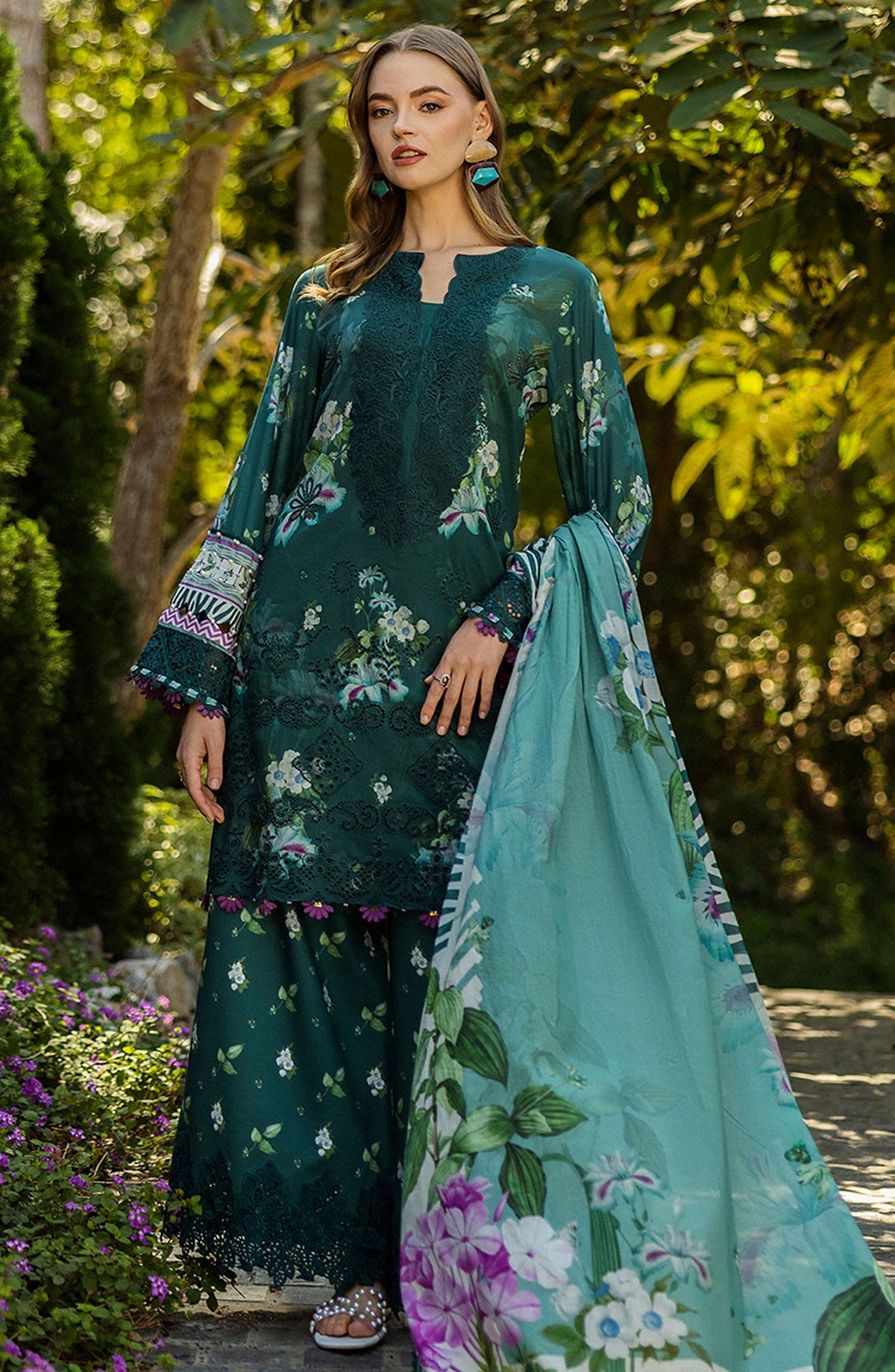 Elaf Chikankari Lawn Unstitched 3 Piece Suit - E L K - 0 7 B Jadeembrace - EL25PC - Green - Summer Collection