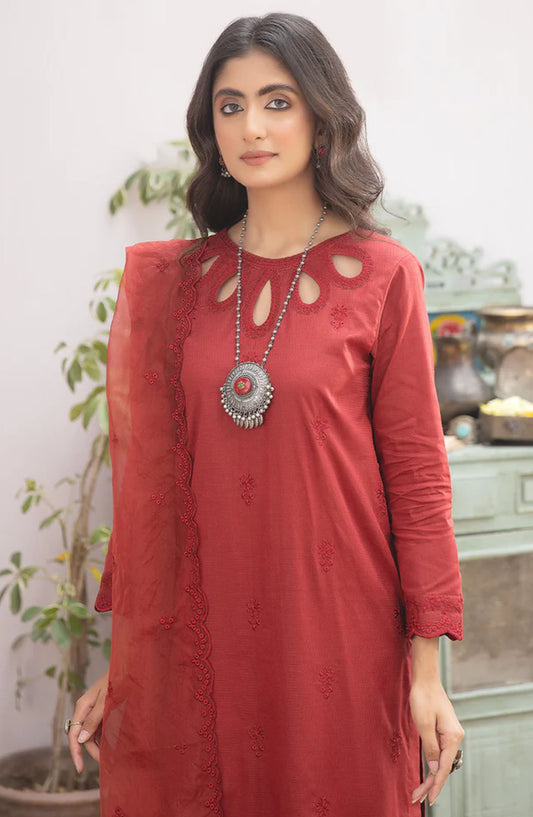 La Rosaa Embroidered Cotton Lawn Stitched 3 Piece Suit - LE-24-13 Maroon - LRS25LP - Maroon - Luxury Collection