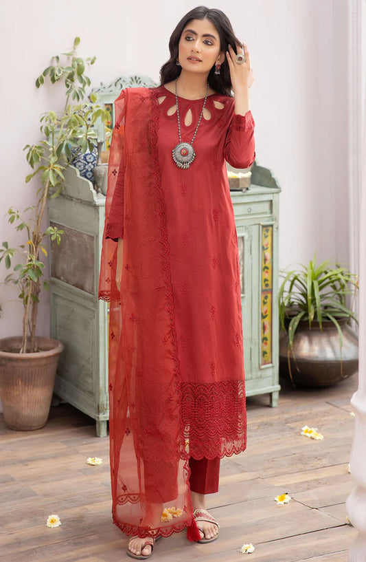 La Rosaa Embroidered Cotton Lawn Stitched 3 Piece Suit - LE-24-13 Maroon - LRS25LP - Maroon - Luxury Collection