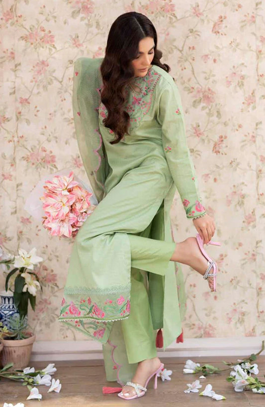 La Rosaa Embroidered Cotton Lawn Stitched 3 Piece Suit - LSS-24-02 Green - LRS25BSP - Green - Casual Collection