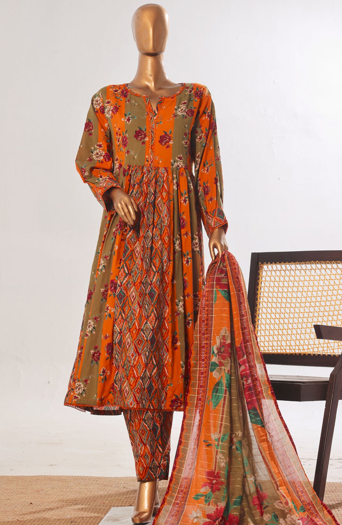 Bin Saeed Printed Lawn Stitched 3 Piece Frock - D-06 - BS25PPFC - Orange - Summer Collection