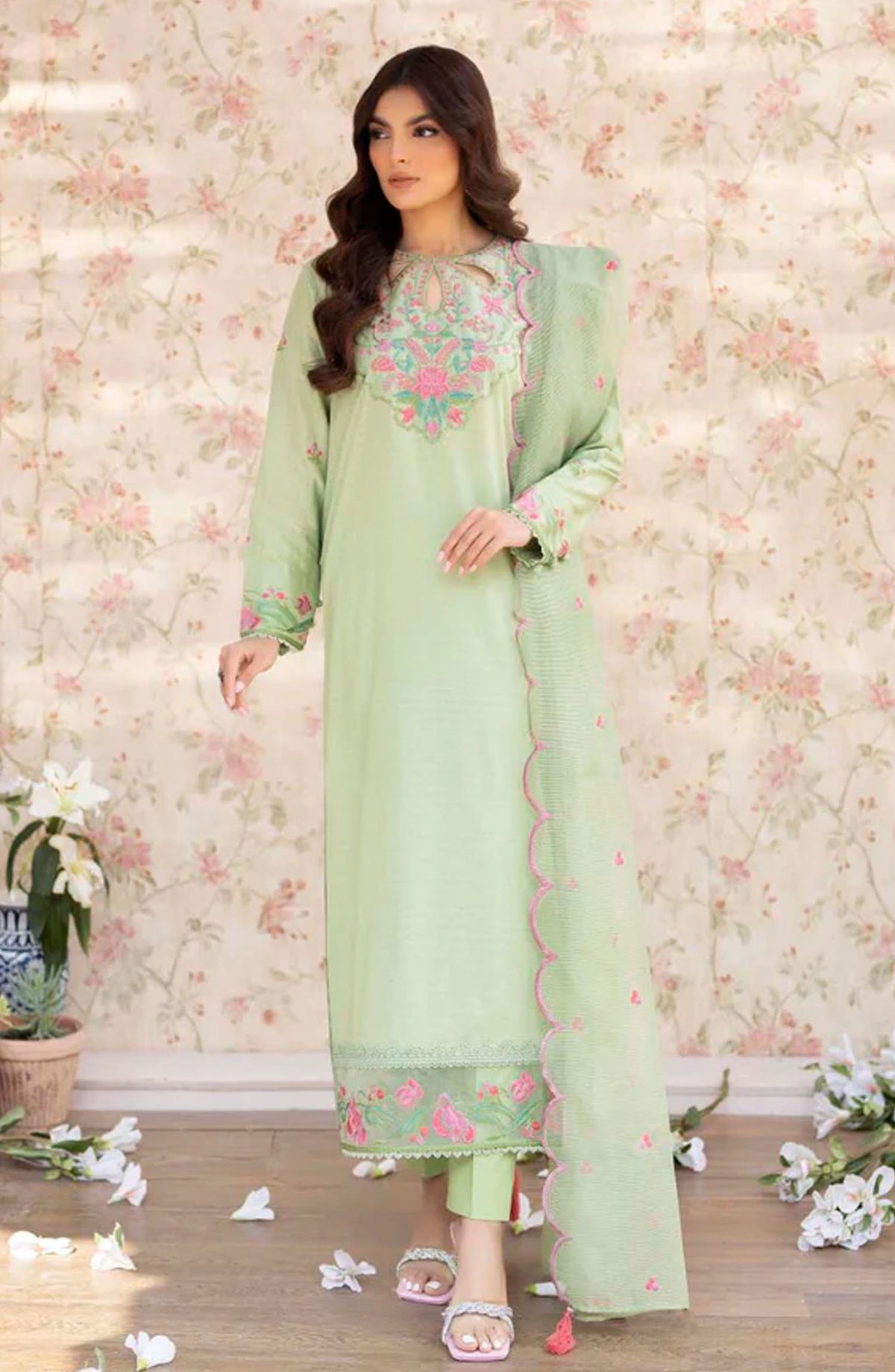 La Rosaa Embroidered Cotton Lawn Stitched 3 Piece Suit - LSS-24-02 Green - LRS25BSP - Green - Casual Collection