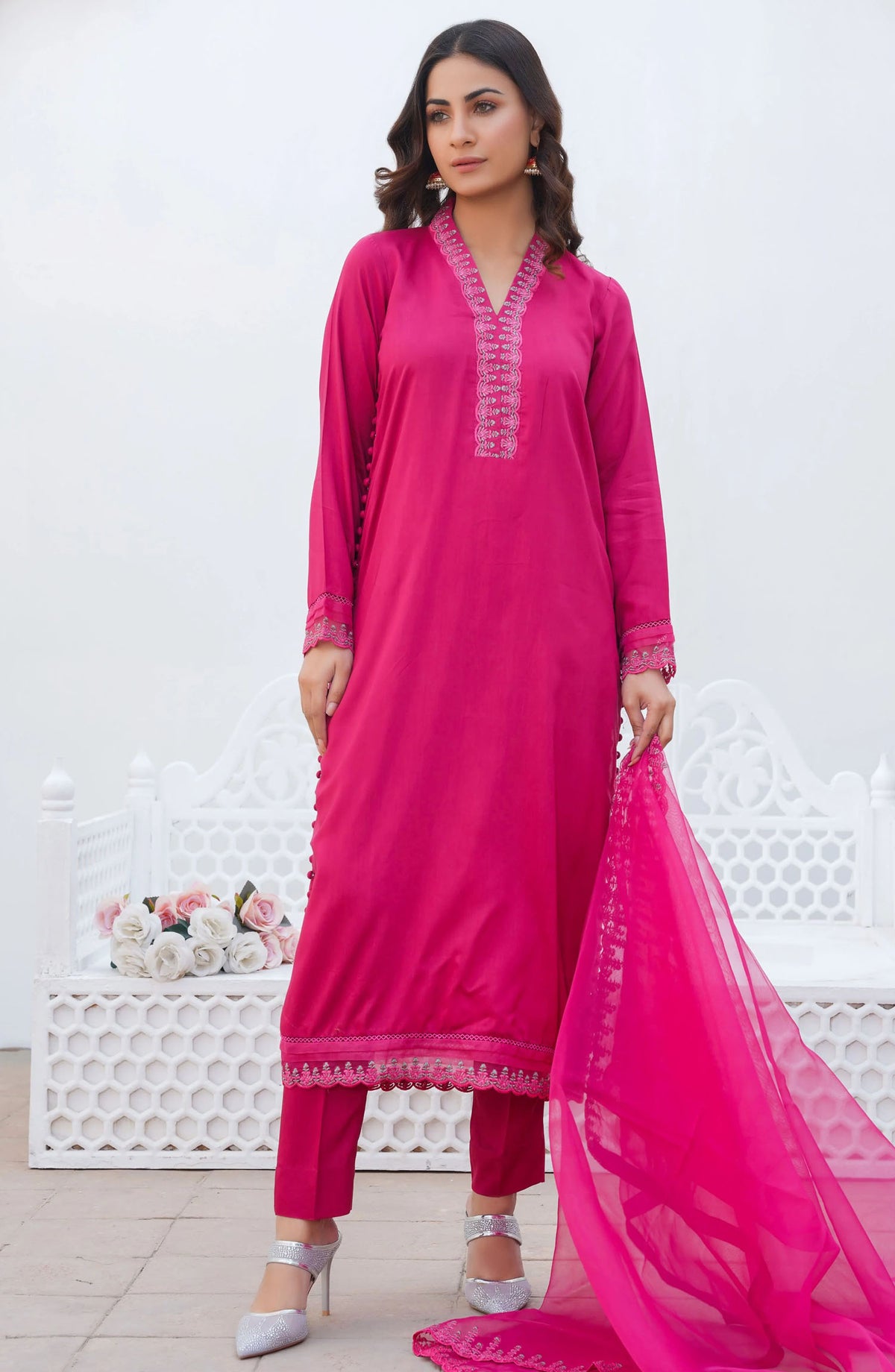 Threads N Weaves Embroidered Viscose Stitched 3 Piece Suit - RTWV24105S - TNW25PV - Pink - Winter Collection