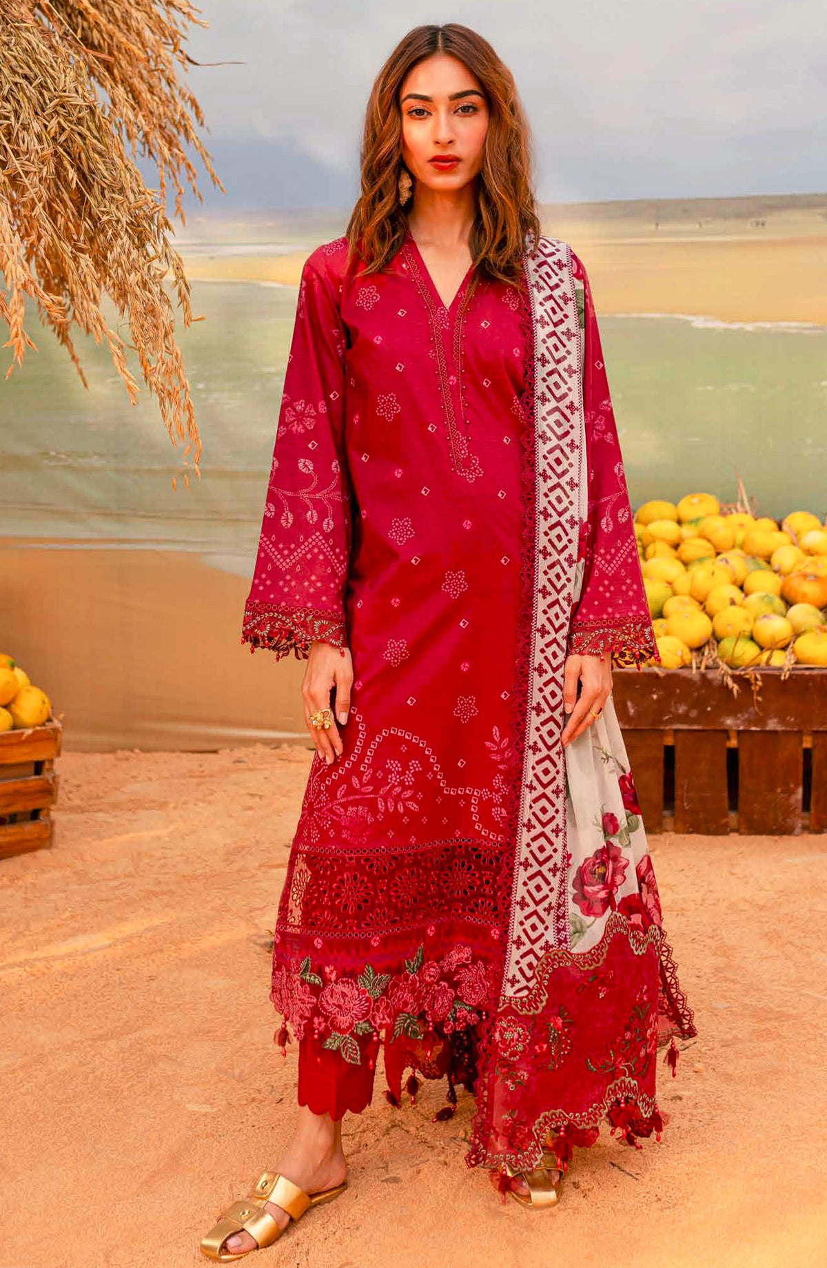 Gardenia by Nureh Embroidered Lawn Unstitched 3 Piece Suit - NSG - 181 - NU25GCL - Red - Summer Collection