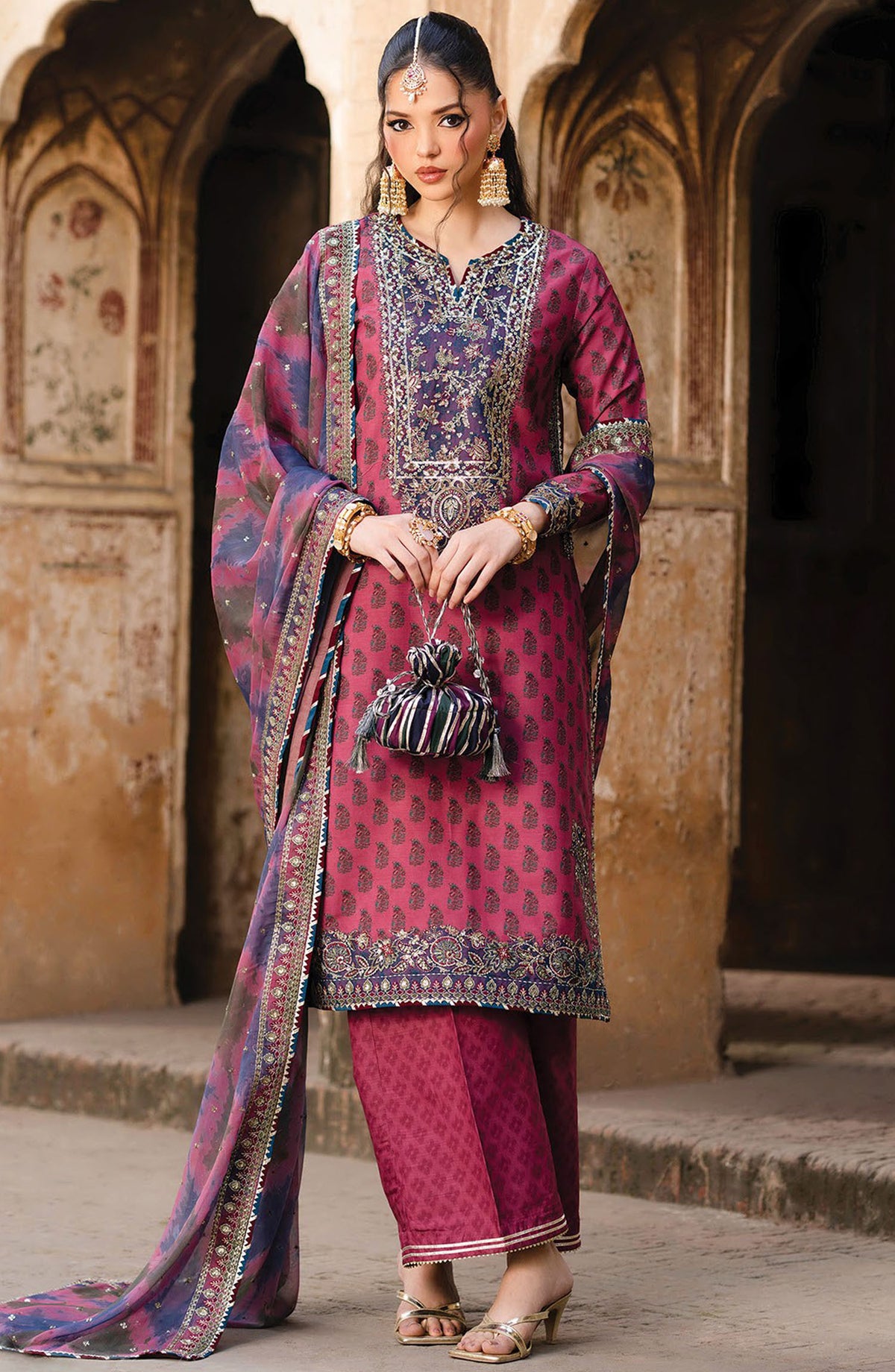 Rumi by Xenia Embroidered Rawsilk Unstitched 3 Piece Suit - D-07 Mushk-B - XF25RF - Pink - Wedding Collection