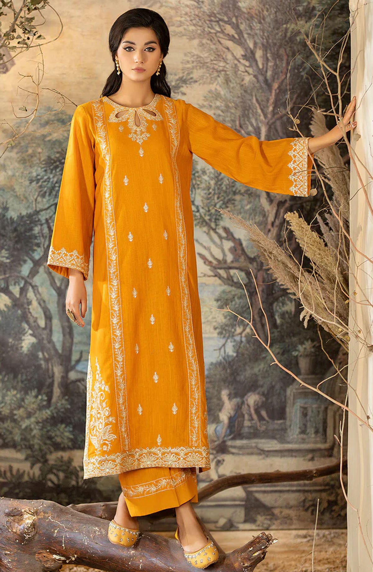 La Rosaa Embroidered Khaddar Stitched 2 Piece Suit - LW2-06 Mustard - LRS25BSP - Mustard - Casual Collection