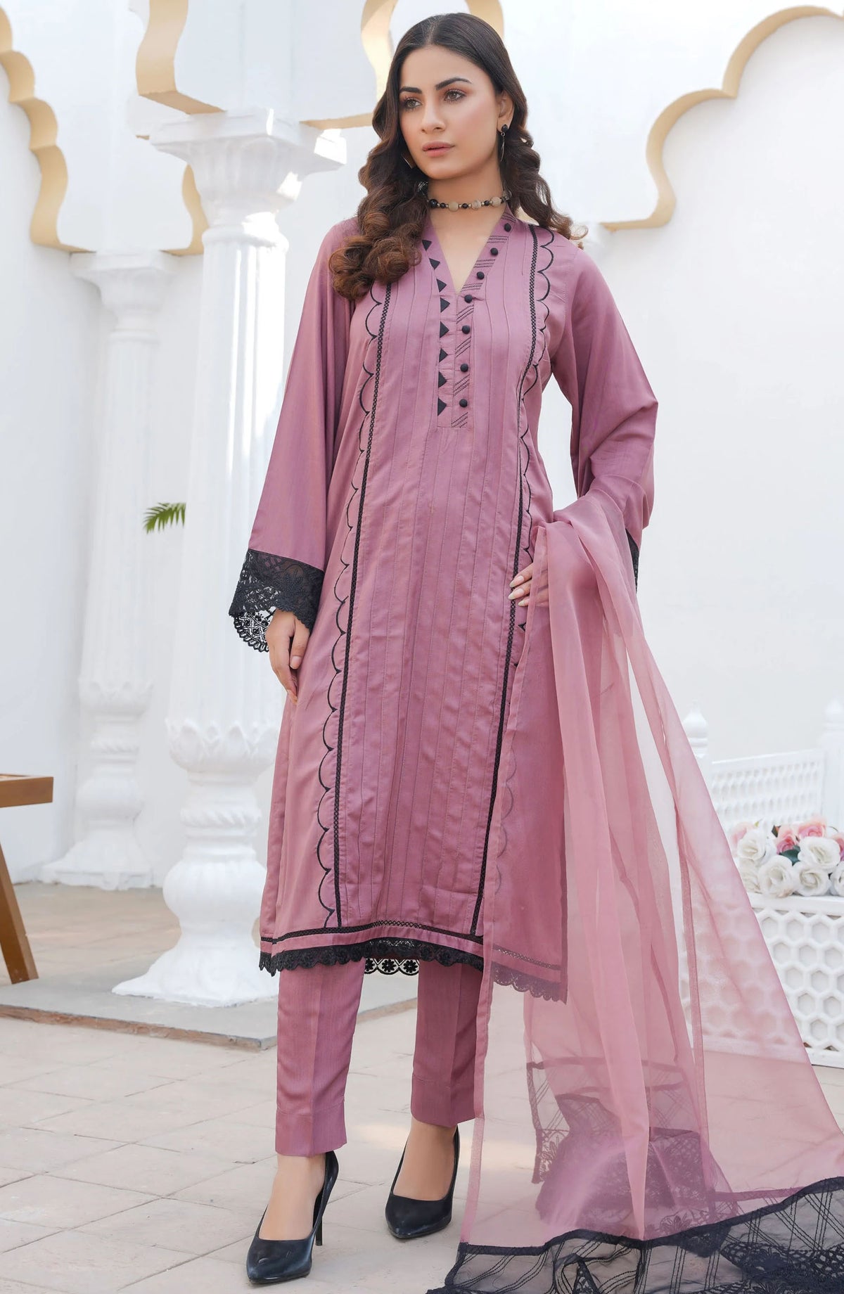 Threads N Weaves Embroidered Viscose Stitched 3 Piece Suit - RTWV24104S - TNW25PV - Pink - Winter Collection
