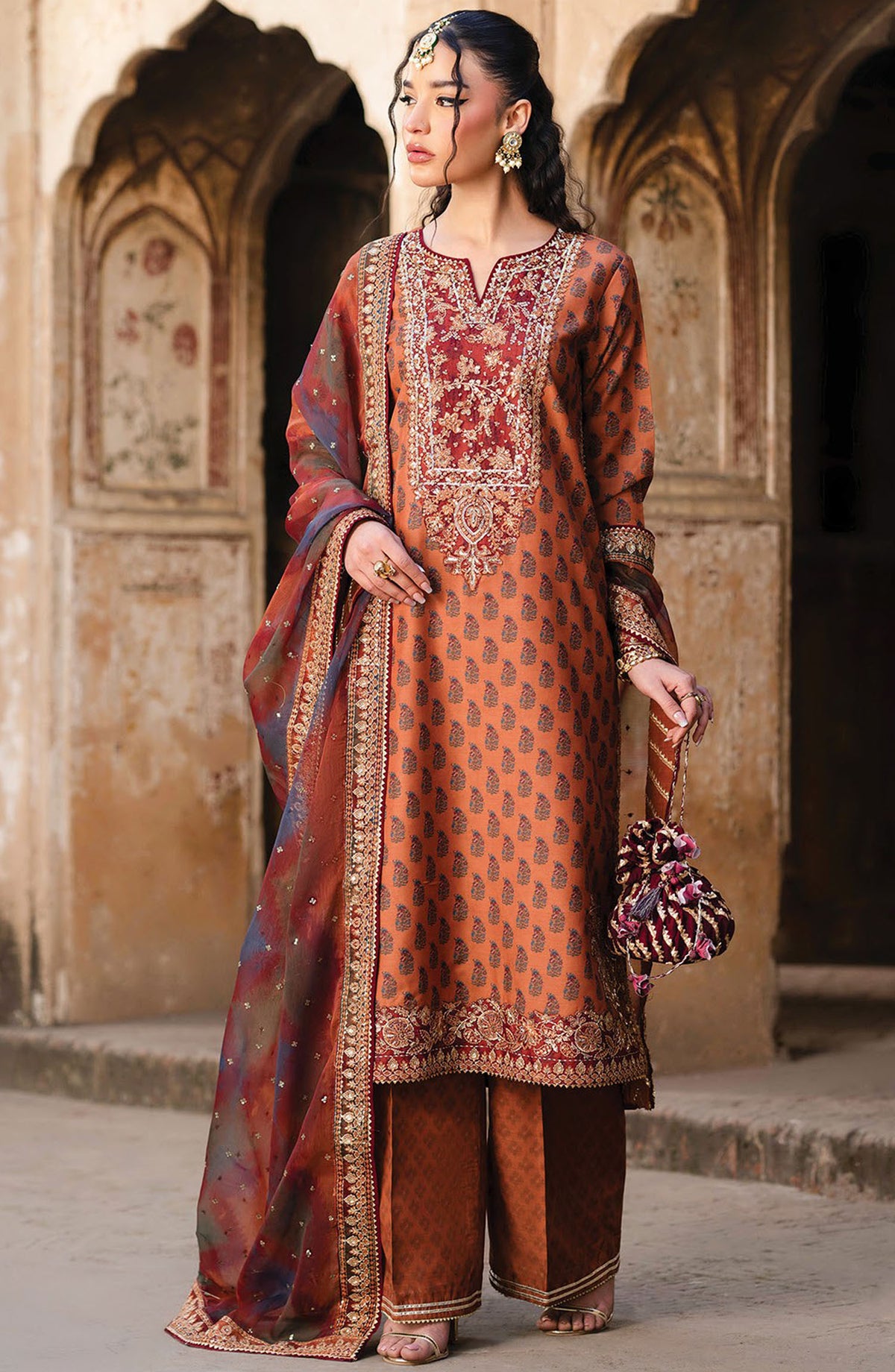 Rumi by Xenia Embroidered Rawsilk Unstitched 3 Piece Suit - D-06 Mushk-A - XF25RF - Orange - Wedding Collection