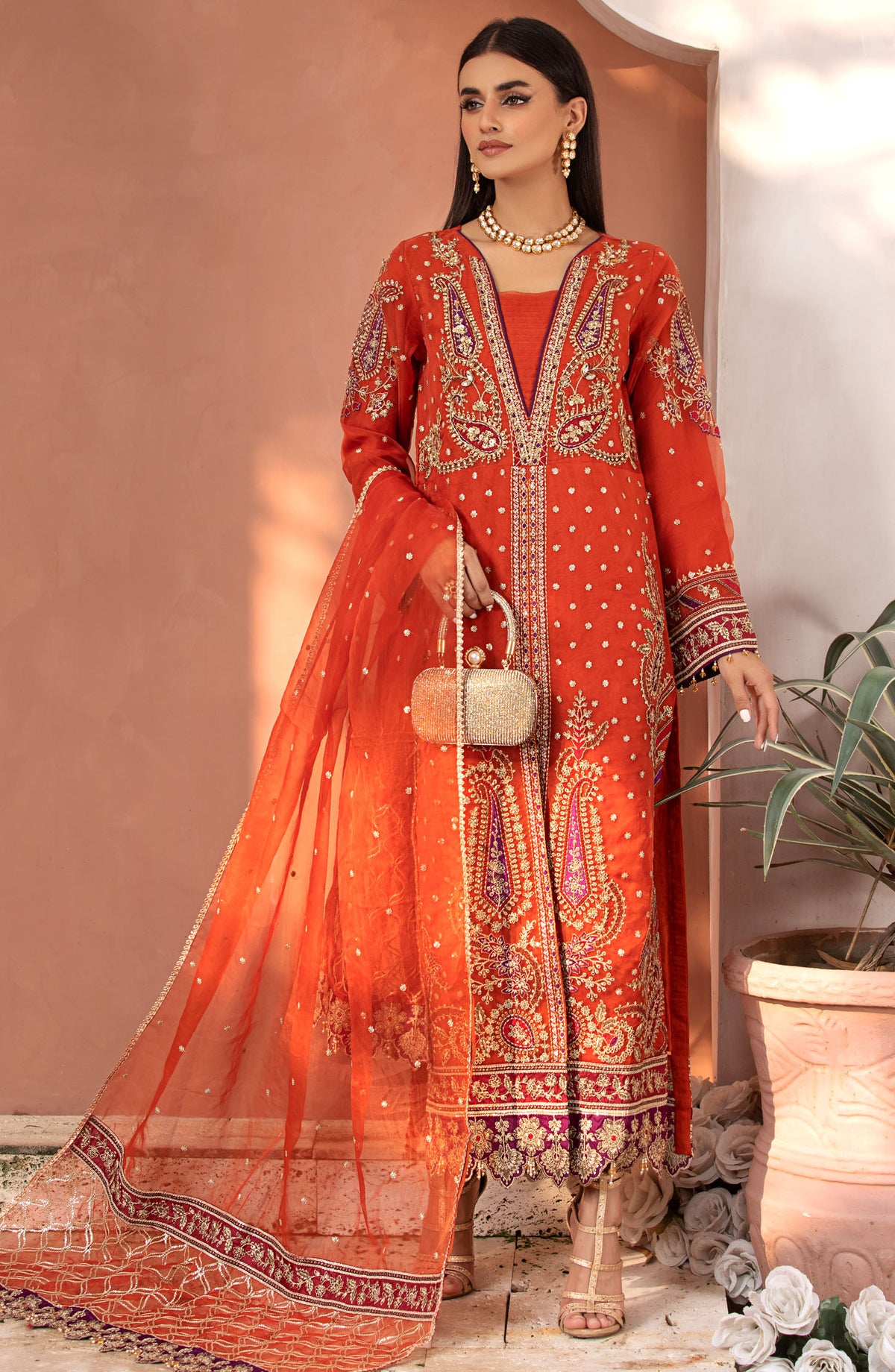 Abrish by Diara Couture Embroidered Organza Stitched 3 Piece Suit - US-582 ZURI - DC25AB - Orange - Formal Collection