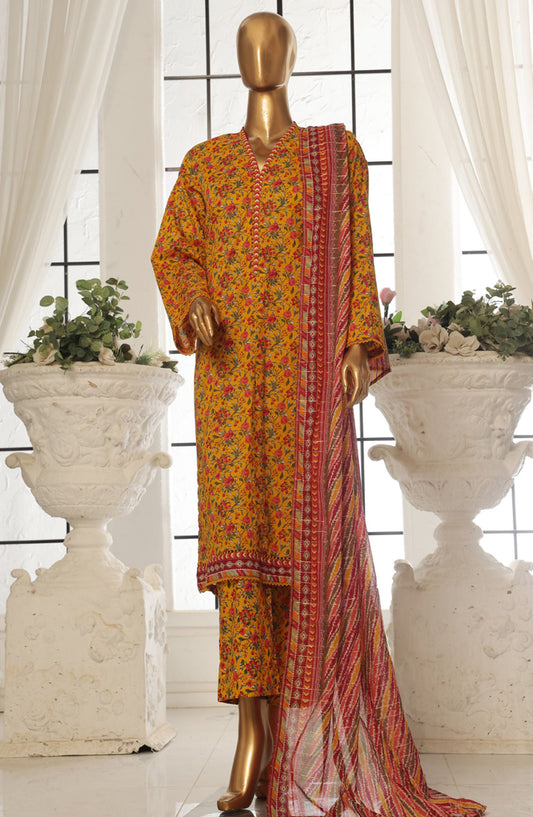 Bin Saeed Printed Lawn Stitched 3 Piece Suit - SM-129 - BS25EPLV2 - Mustard - Summer Collection