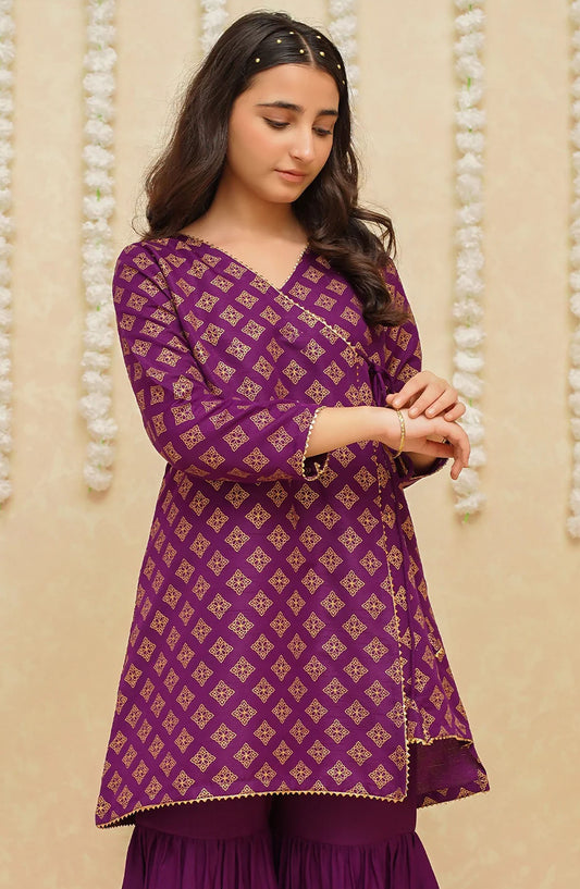 Gulzar by Modest Festive Raw Silk Stitched 3 Piece Suit - 9345 Purple - MOD25G - Purple - Girls Collection