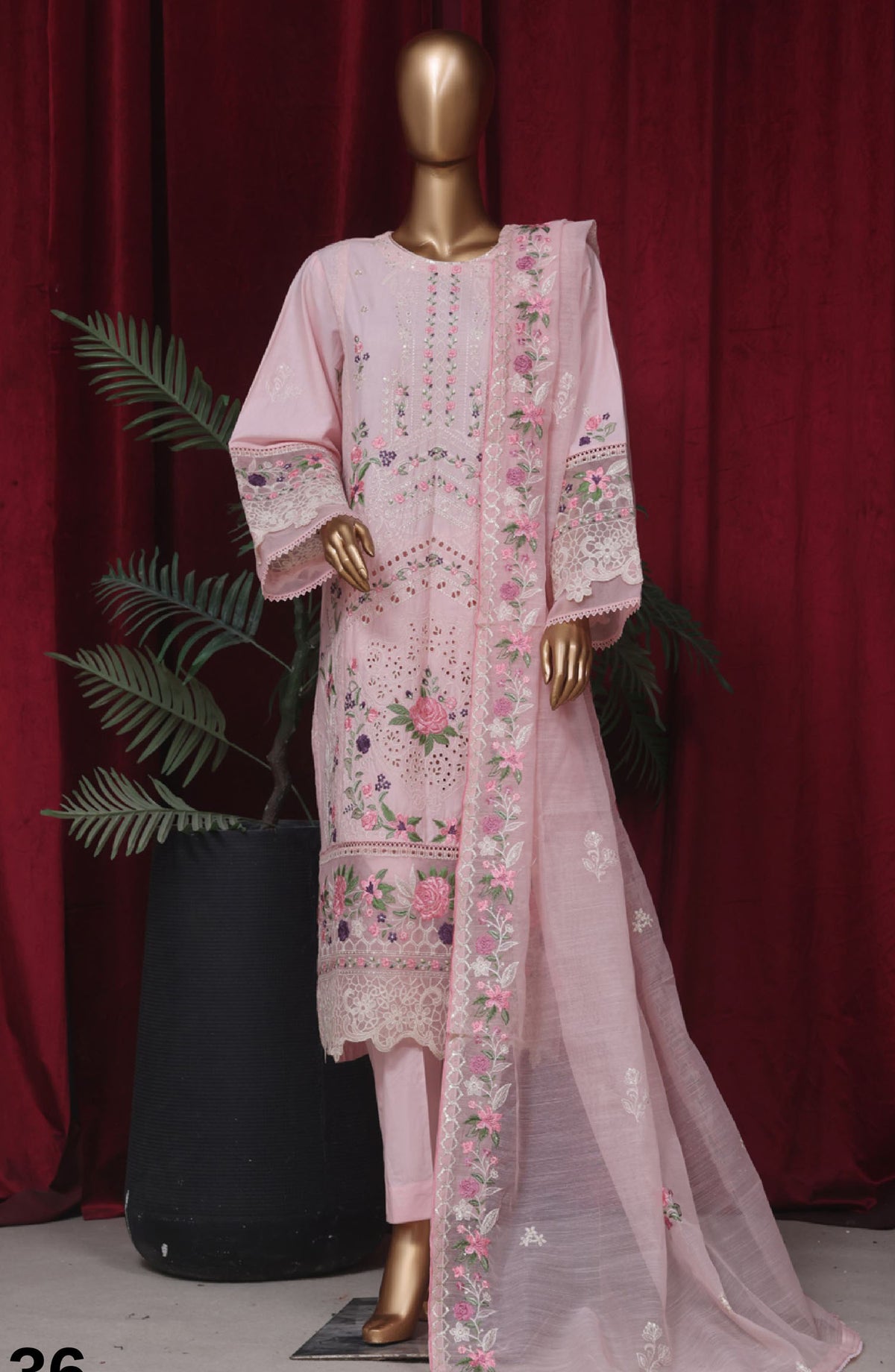 Bin Saeed Embroidered Lawn Stitched 3 Piece Suit - LF-43 - BS25LF - Pink - Summer Collection