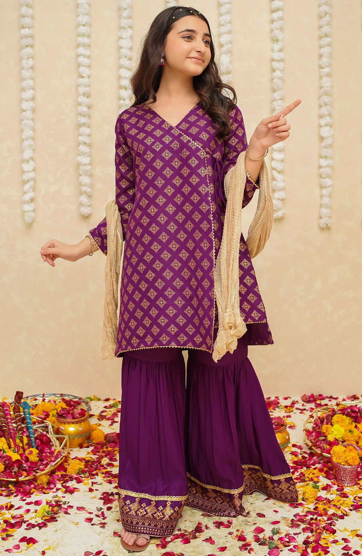 Gulzar by Modest Festive Raw Silk Stitched 3 Piece Suit - 9345 Purple - MOD25G - Purple - Girls Collection