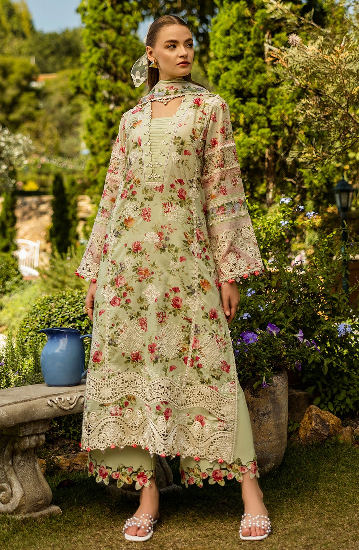 Elaf Chikankari Lawn Unstitched 3 Piece Suit - E L K - 0 4 A Dear Paradise - EL25PC - Green - Summer Collection