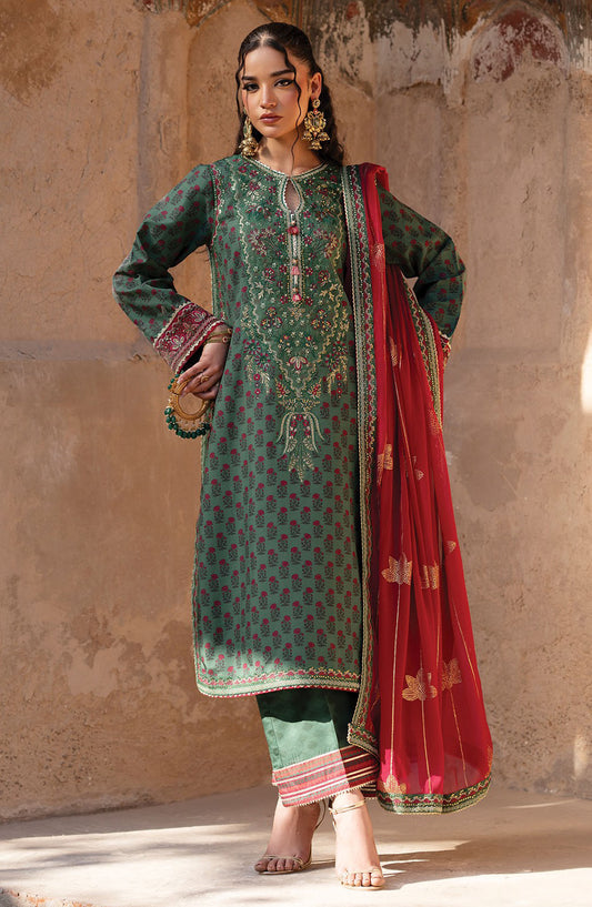 Rumi by Xenia Embroidered Rawsilk Unstitched 3 Piece Suit - D-02 Khizan - XF25RF - Green - Wedding Collection