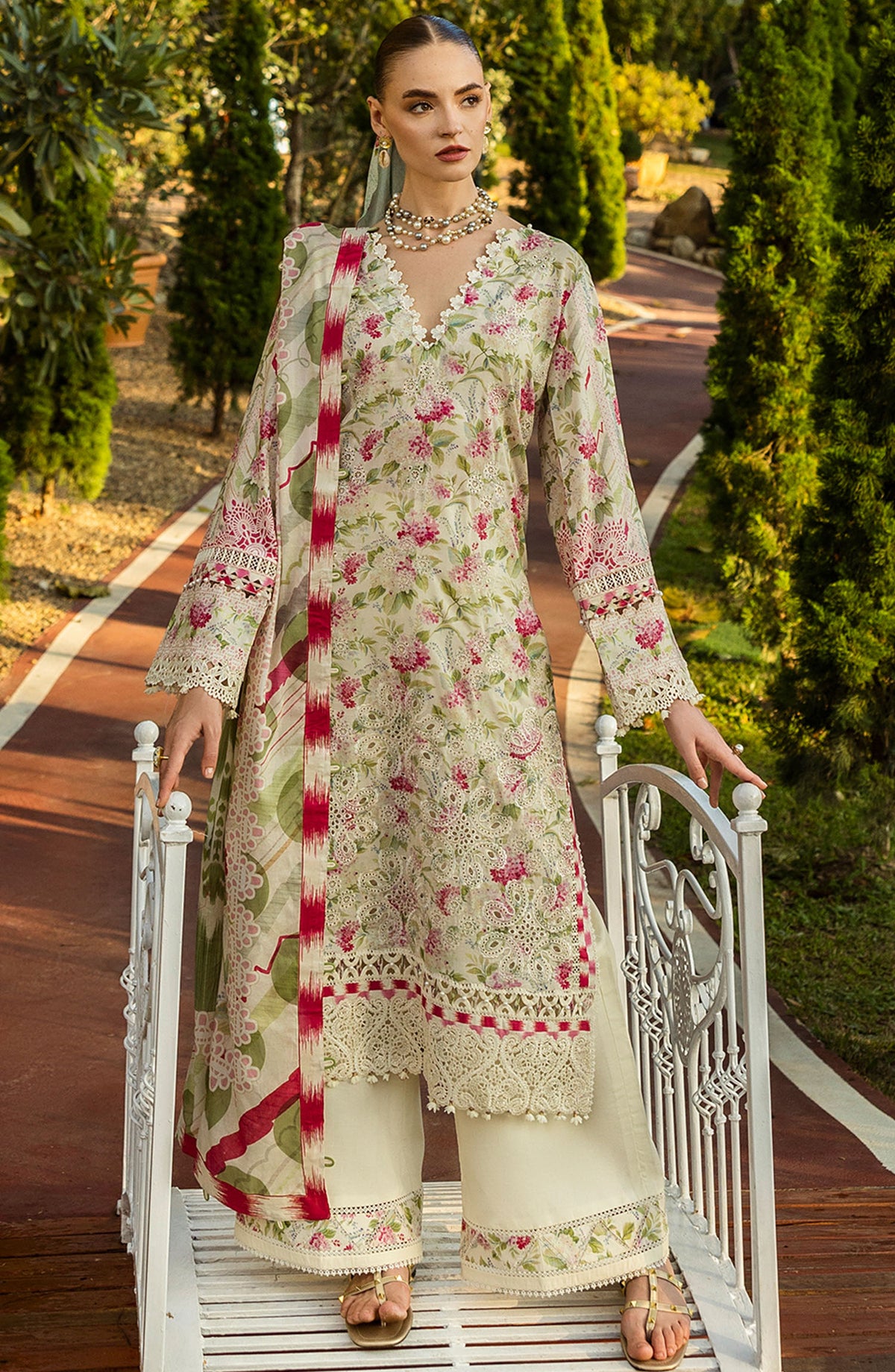 Elaf Chikankari Lawn Unstitched 3 Piece Suit - E L K - 0 2 B Sweet Greens - EL25PC - Off White - Summer Collection