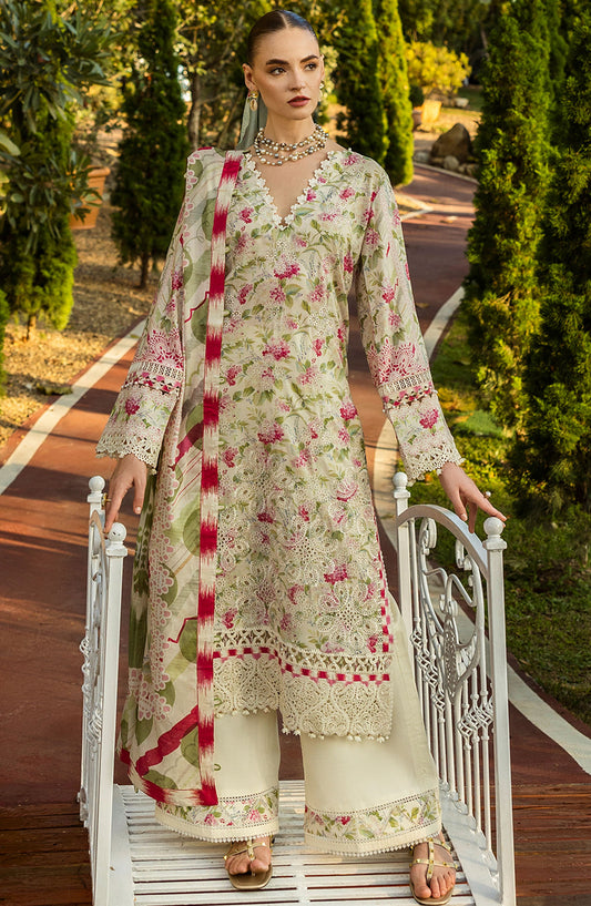 Elaf Chikankari Lawn Unstitched 3 Piece Suit - E L K - 0 2 B Sweet Greens - EL25PC - Off White - Summer Collection