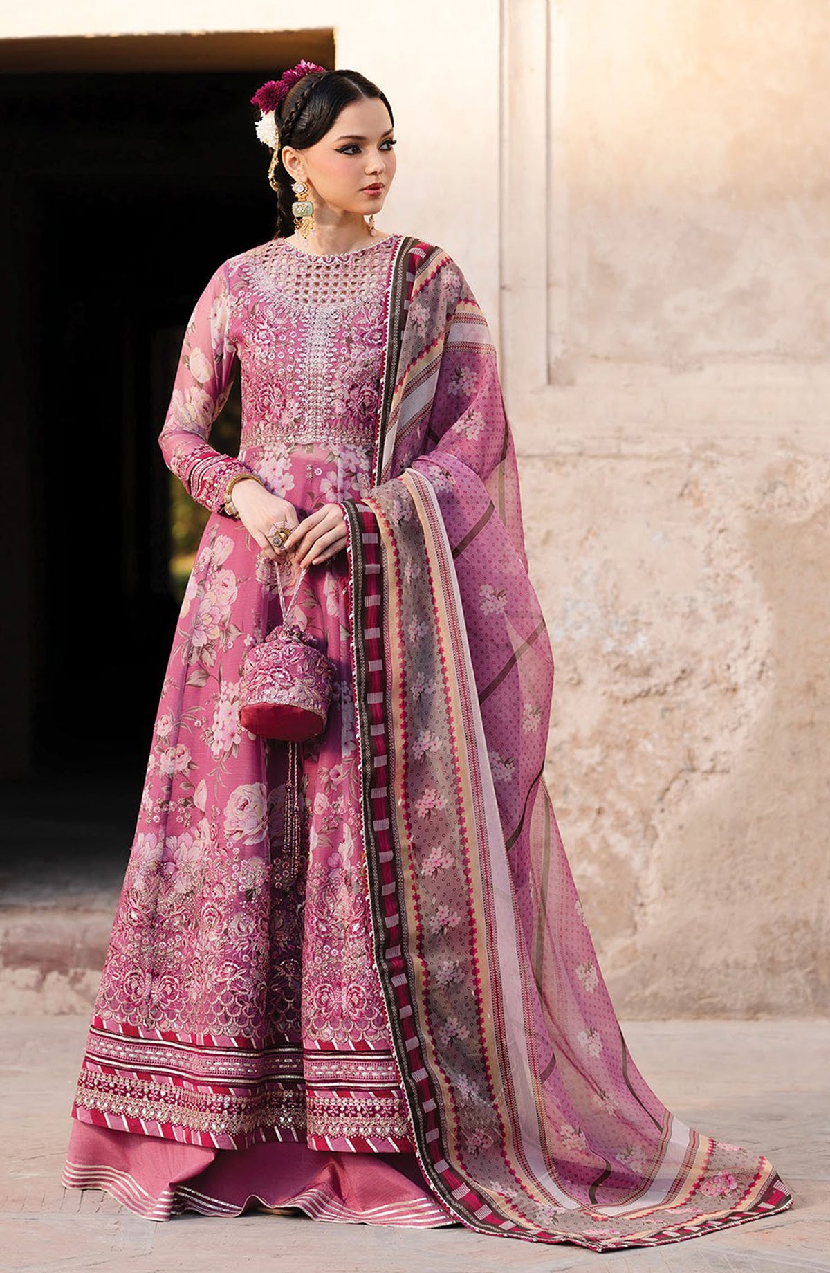 Rumi by Xenia Embroidered Chiffon Unstitched 3 Piece Suit - D-01 Bano - XF25RF - Pink - Wedding Collection
