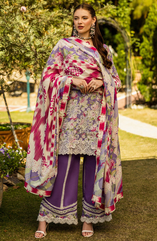 Elaf Chikankari Lawn Unstitched 3 Piece Suit - E L K - 0 2 A Peri Winkle - EL25PC - Purple - Summer Collection